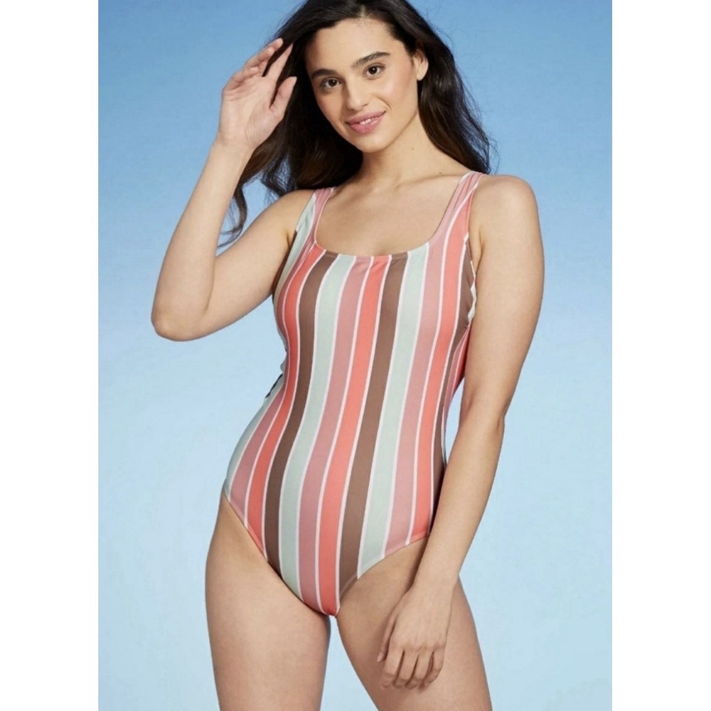 Kona Sol Striped One Piece Swimsuit Wide Strap Size L